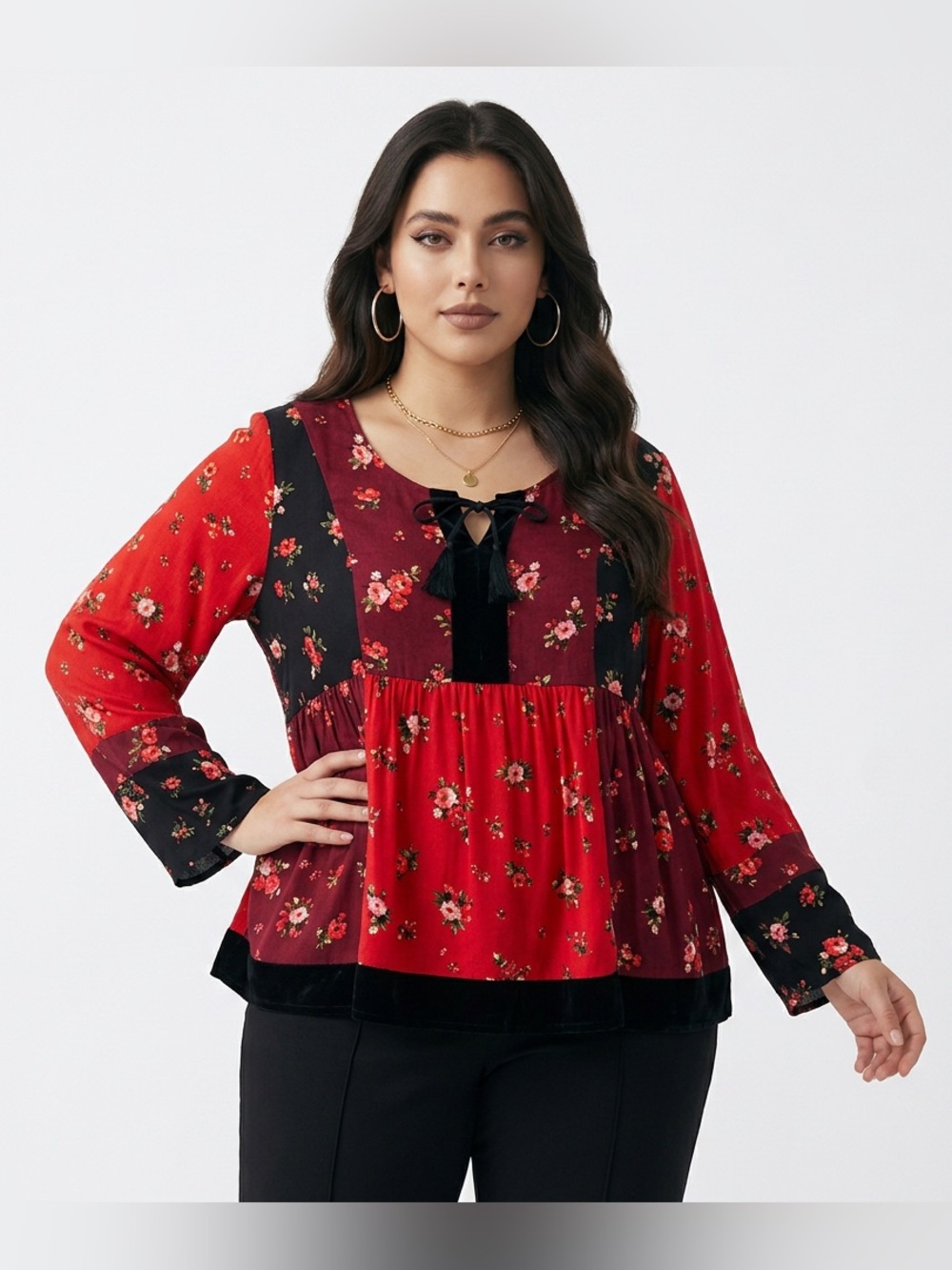 Boho Red Floral Peasant Tunic Velvet Trim Tassel Tie Front Long Sleeve Top